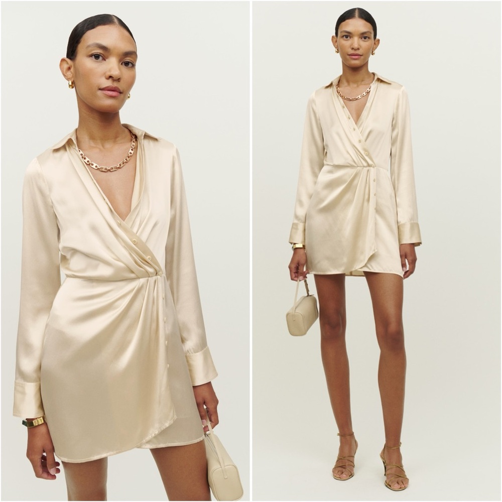 NWT Reformation Alaine Silk Shirt Dress Ivory Champagne Satin Mini Bridal Size 8